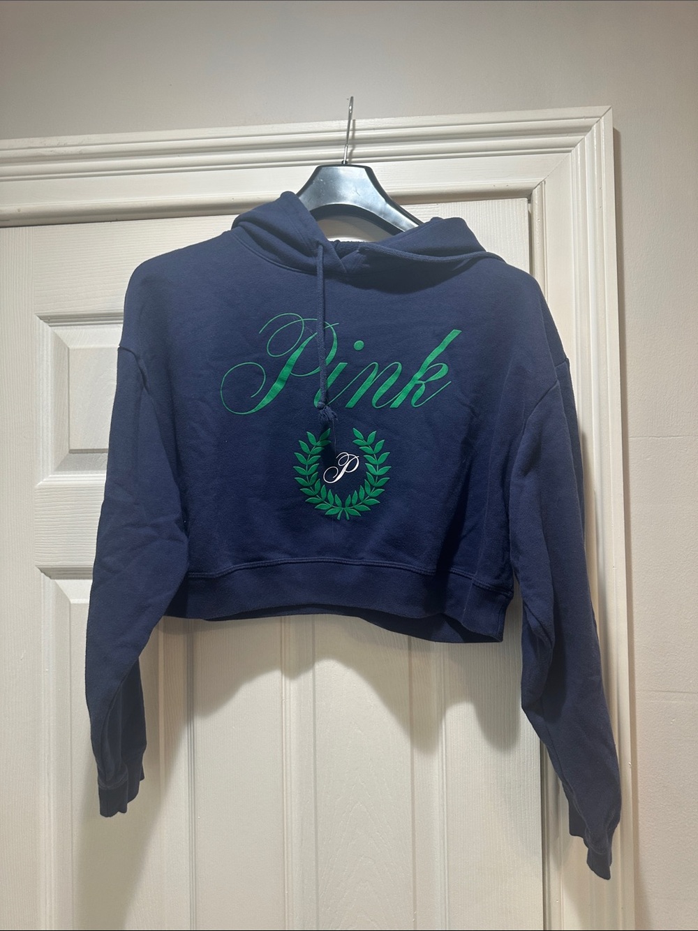 PINK Navy Cropped Hoodie with Green Script and Wreath